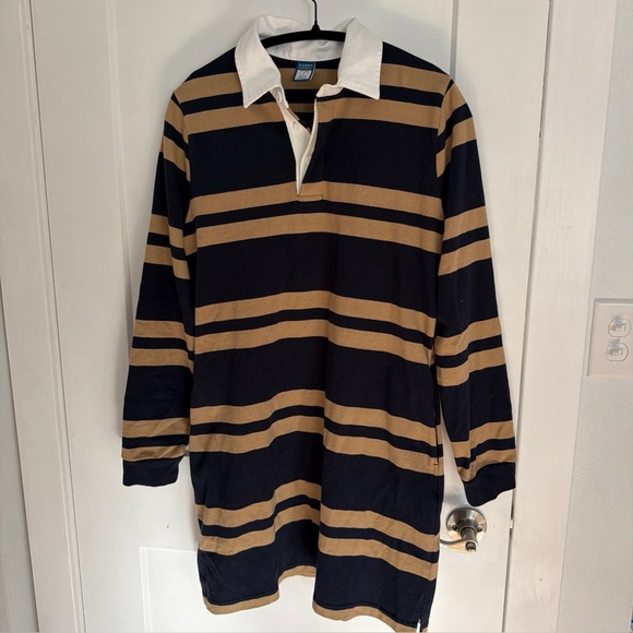 OLD NAVY 90's Reissue NAVY Tan STRIPE Rugby POLO Long SLEEVE Shirt DRESS S NEW - Picture 2 of 6